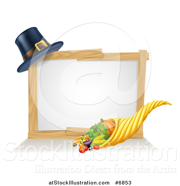 Vector Illustration of a Thanksgiving Cornucopia Horn of Plenty with Produce and a Pilgrim Hat with a Blank White Site
