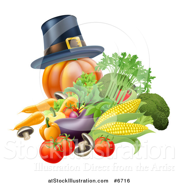 Vector Illustration of a Thanksgiving Pumpkin with a Pilgrim Hat and Produce