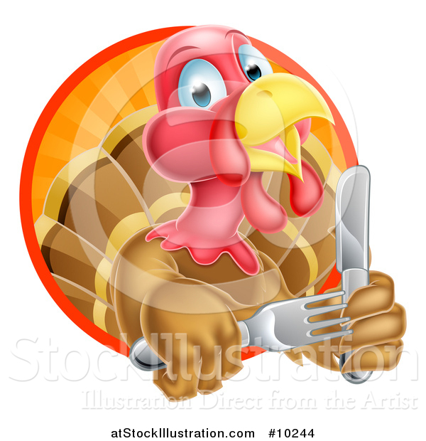 Vector Illustration of a Thanksgiving Turkey Bird Holding Silverware in a Sunset Circle