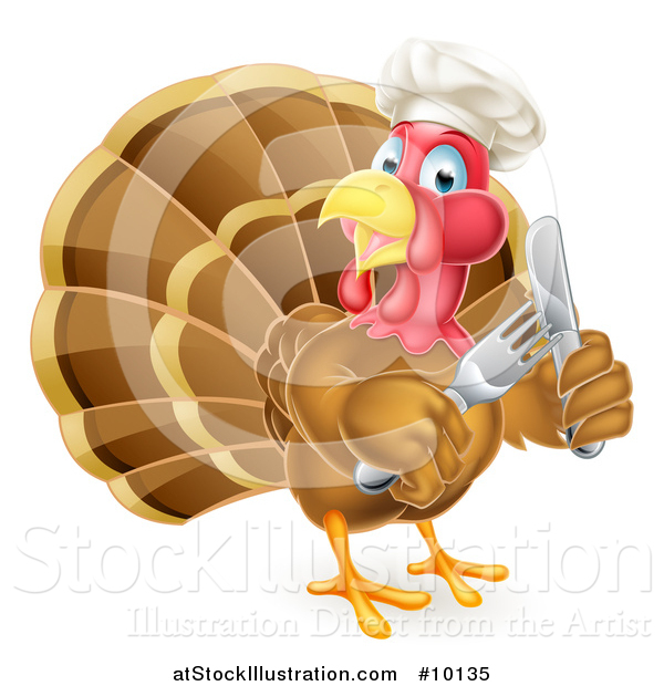 Vector Illustration of a Thanksgiving Turkey Bird Wearing a Chef Hat and Holding Silverware
