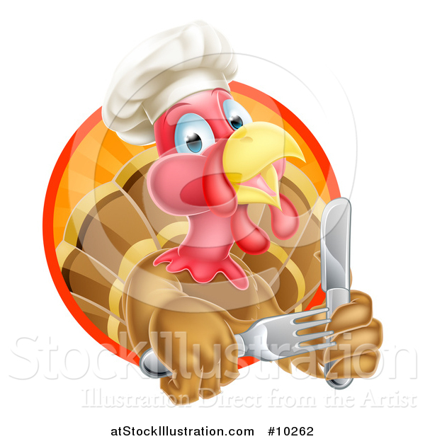 Vector Illustration of a Thanksgiving Turkey Bird Wearing a Chef Hat and Holding Silverware, in a Sunset Circle