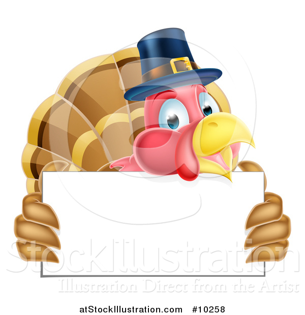 Vector Illustration of a Thanksgiving Turkey Bird Wearing a Pilgrim Hat and Holding a Blank Sign