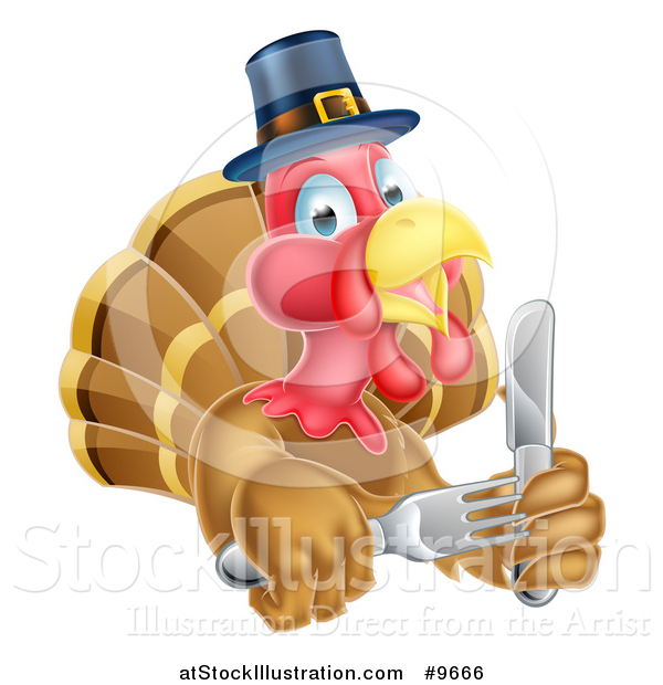 Vector Illustration of a Thanksgiving Turkey Bird Wearing a Pilgrim Hat and Holding Silverware