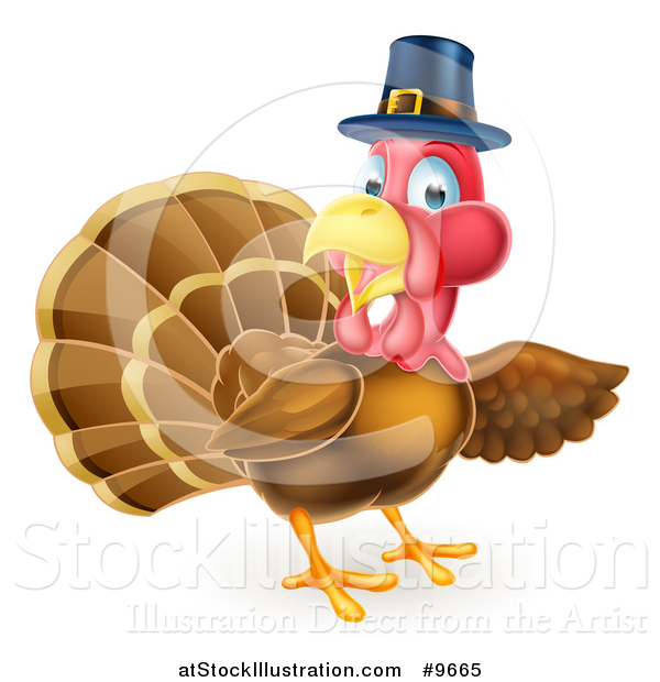 Vector Illustration of a Thanksgiving Turkey Bird Wearing a Pilgrim Hat and Presenting