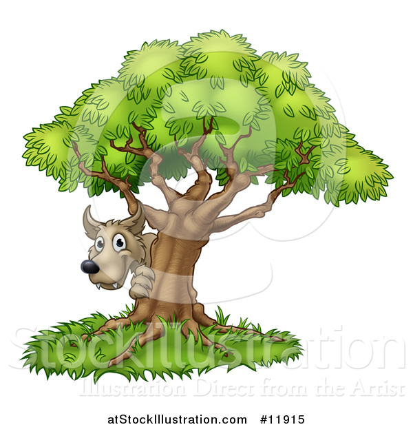 Vector Illustration of a the Bad Wolf Peeking from Behind a Tree, the Three Little Pigs Story