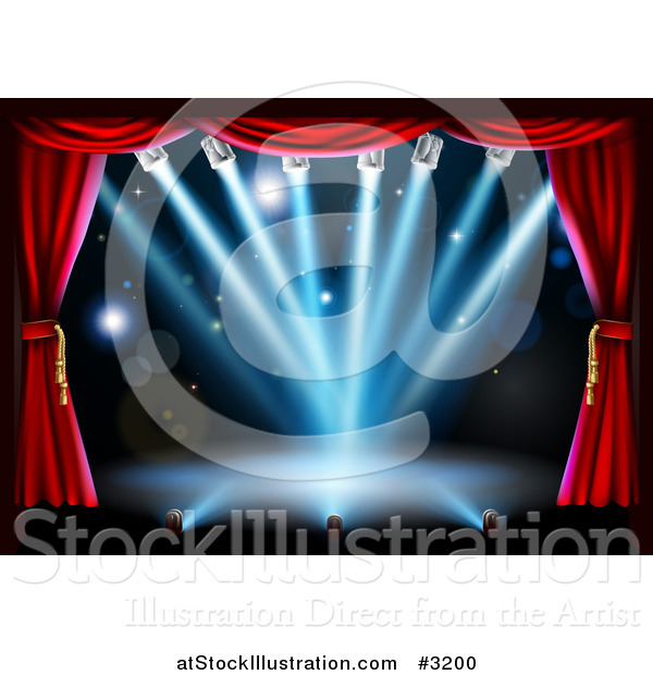 Vector Illustration of a Theater Stage with Red Curtains and Blue Shining Lights