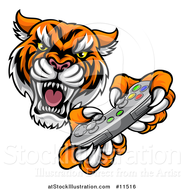 Vector Illustration of a Tiger Mascot Playing a Video Game