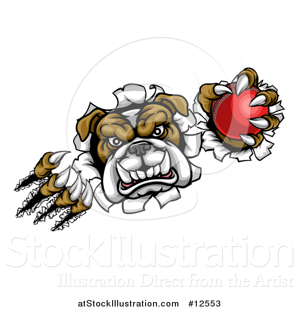 Vector Illustration of a Tough Bulldog Monster Shredding Through a Wall with a Cricket Ball in One Hand