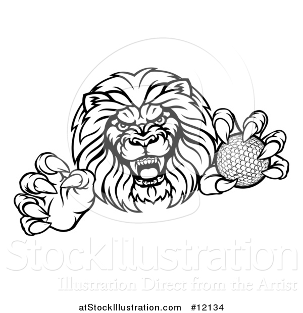 Vector Illustration of a Tough Male Lion Mascot Holding a Golf Ball