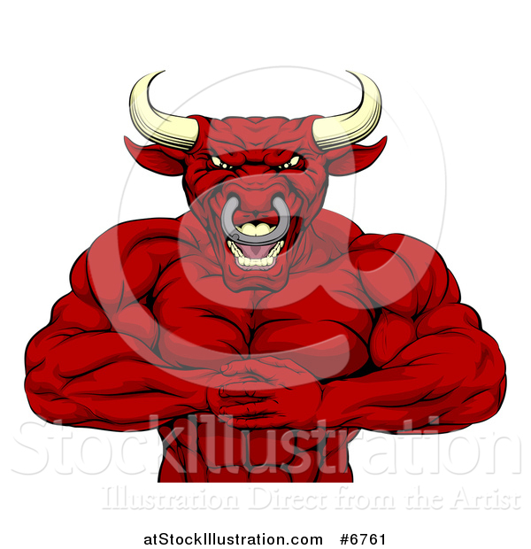 Vector Illustration of a Tough Muscular Angry Red Bull Man Punching One Fist into a Palm