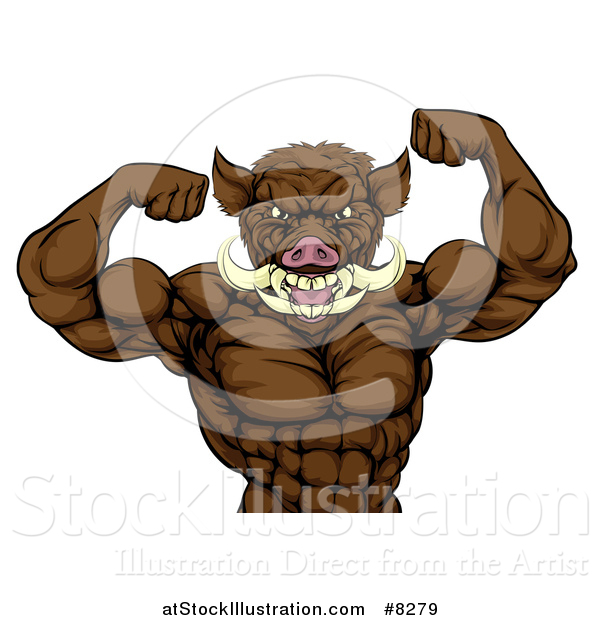 Vector Illustration of a Tough Muscular Razorback Boar Man Flexing His Bicep Muscles, from the Waist up
