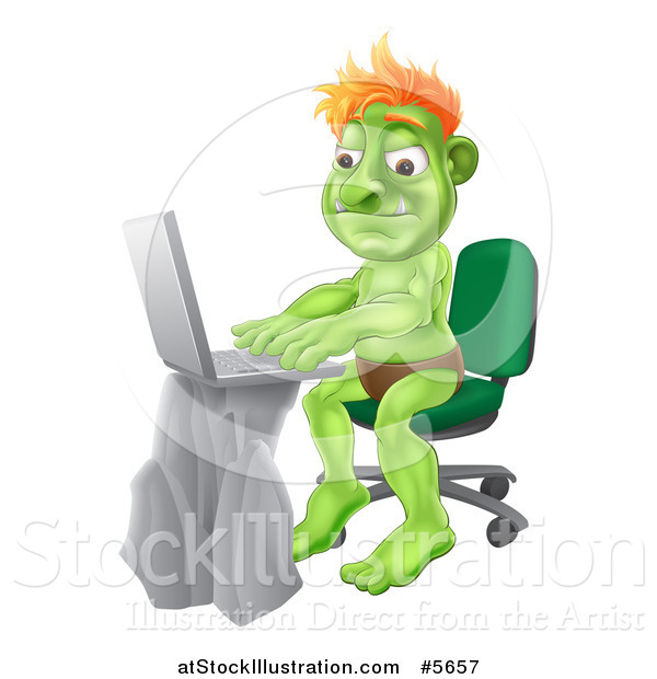 Vector Illustration of a Troll Sitting and Using a Laptop