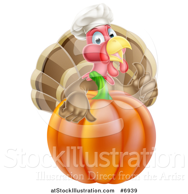 Vector Illustration of a Turkey Bird Chef Holding a Thumb up over a Thanksgiving Pumpkin