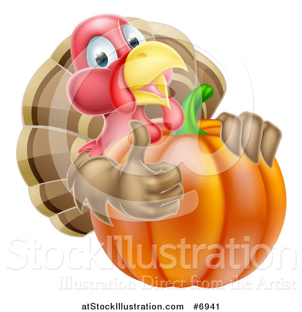 Vector Illustration of a Turkey Bird Giving a Thumb up and Looking Around a Thanksgiving Pumpkin