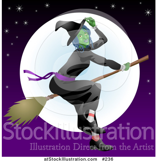 Vector Illustration of a Ugly Witch Flying on a Broomstick in Front of the Moon
