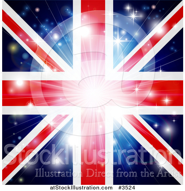 Vector Illustration of a Union Jack Flag Background with Flares and a Burst.