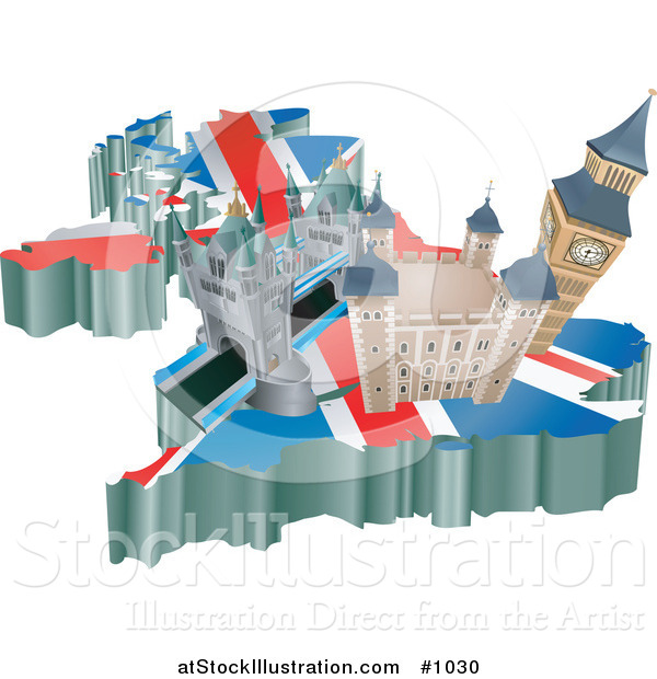 Vector Illustration of a United Kingdom, the London Bridge, Tower of London, and Big Ben over a Map with the Union Jack