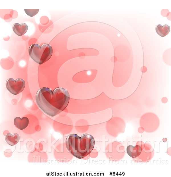Vector Illustration of a Valentines Day Background with 3d Red Hearts over Pink and White with Bokeh Flares