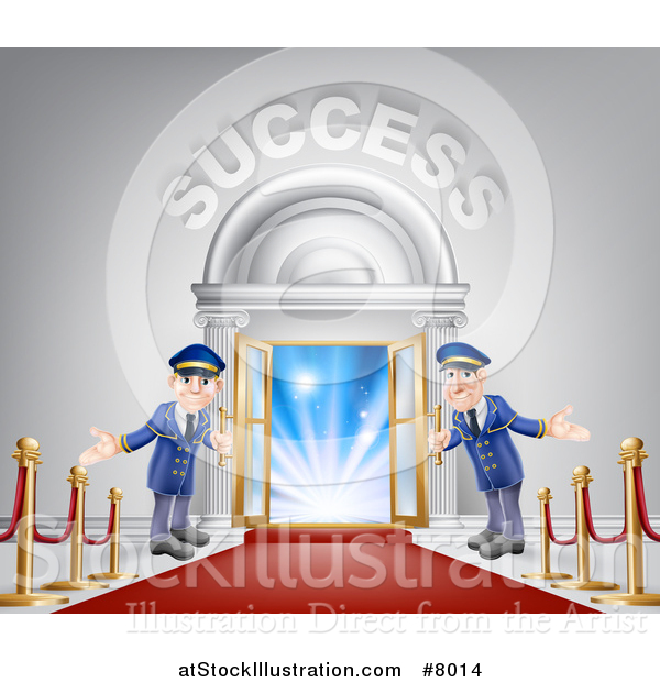 Vector Illustration of a Venue Entrance with Welcoming Doormen, a Red Carpet and Posts, and Success Text over Light