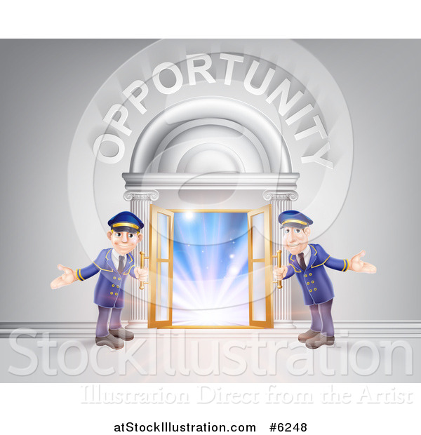 Vector Illustration of a Venue Entrance with Welcoming Doormen and Opportunity Text over Light