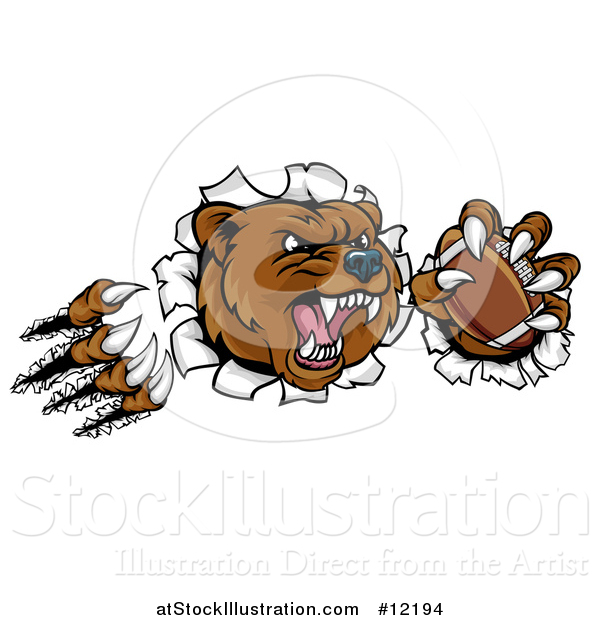 Vector Illustration of a Vicious Aggressive Bear Mascot Slashing Through a Wall with a Football in a Paw