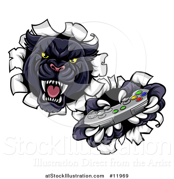 Vector Illustration of a Vicious Black Panther Breaking Through a Wall with a Video Game Controller