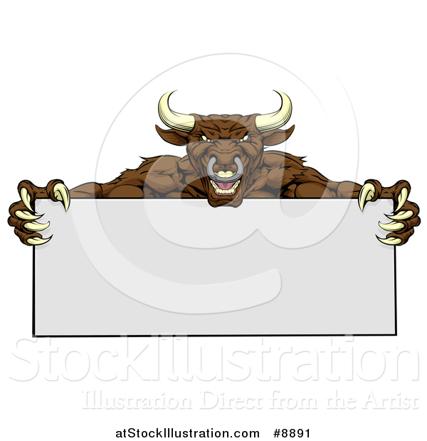 Vector Illustration of a Vicious Mad Brown Bull Mascot with Claws, Holding a Blank Sign