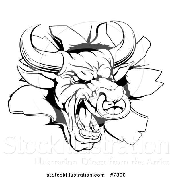 Vector Illustration of a Vicious Snarling Aggressive Black and White Bull Breaking Through a Wall 2