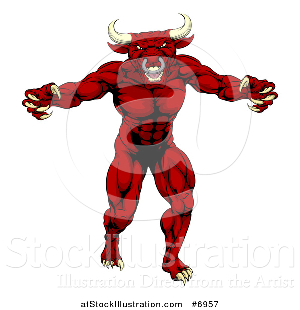 Vector Illustration of a Vicious Snarling Red Bull Man Minotaur Monster Mascot Attacking