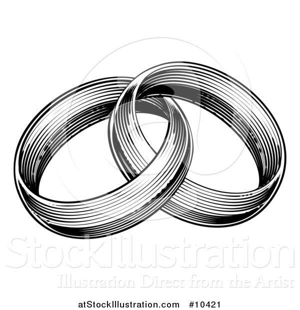 Vector Illustration of a Vintage Black and White Engraved or Woodcut Two Entwined Wedding Rings