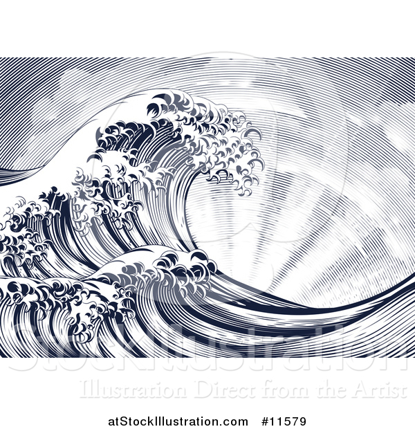 Vector Illustration of a Vintage Styled Japanese Great Wave and Sun Rays