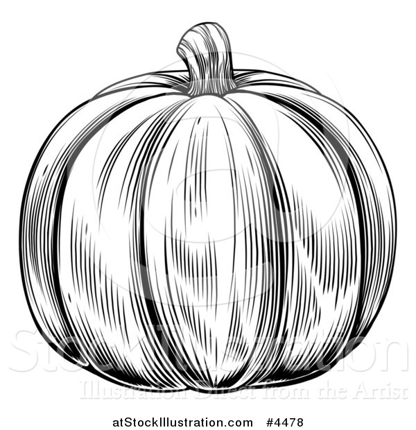 Vector Illustration of a Vintage Woodcut Styled Pumpkin in Black and White