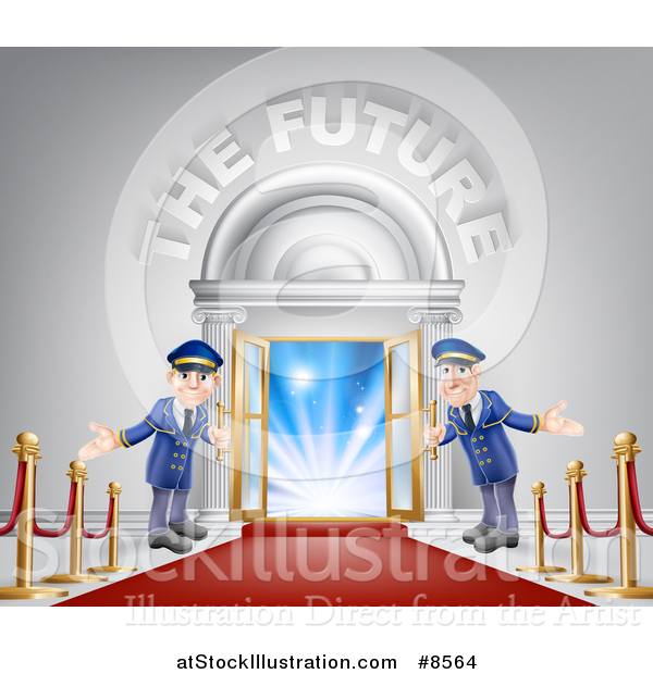 Vector Illustration of a VIP Venue Entrance with Welcoming Friendly Doormen, Red Carpet, Posts and the Future Text