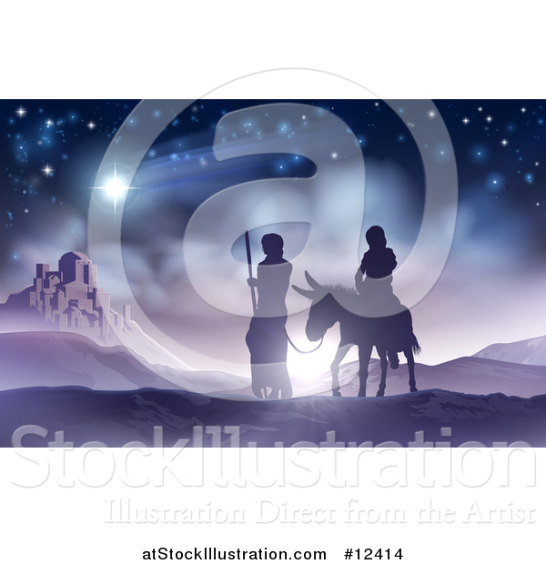 Vector Illustration of a Virgin Mary on a Donkey and Joseph Silhouetted Against Bethlehem