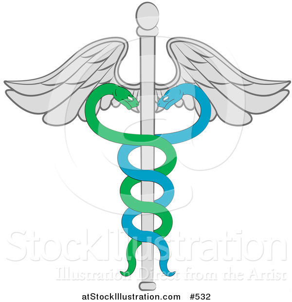 Vector Illustration of a Wand of Hermes or Cadeceus with Two Snakes Forming a Double Helix