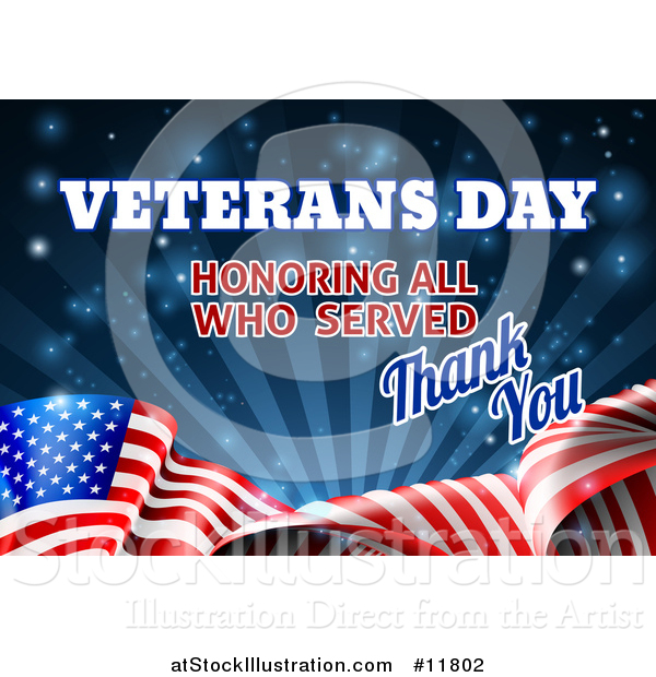 Vector Illustration of a Waving American Flag with Veterans Day Honoring All Who Served Thank You Text and Blue Sparkles and Rays