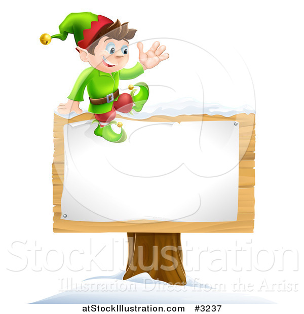 Vector Illustration of a Waving Happy Christmas Elf Sitting on a Sign