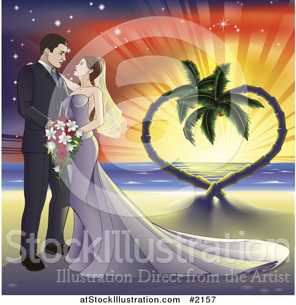 Vector Illustration of a Wedding Couple on a Tropical Beach with a Heart Tree