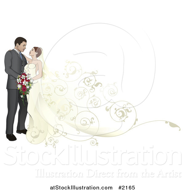 Vector Illustration of a Wedding Couple with a Floral Train