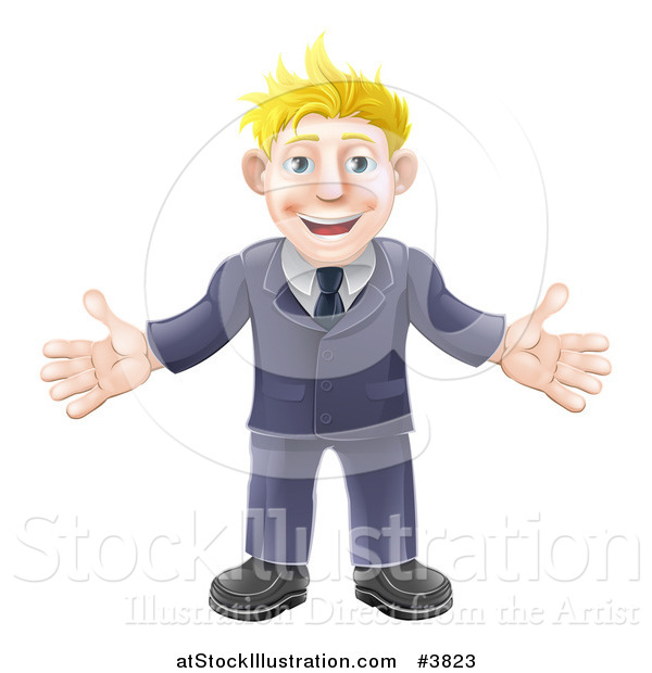 Vector Illustration of a Welcoming Blond Businessman in a Blue Suit