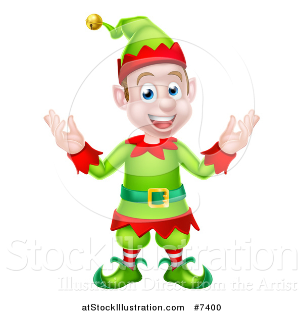 Vector Illustration of a Welcoming Young Brunette White Male Christmas Elf