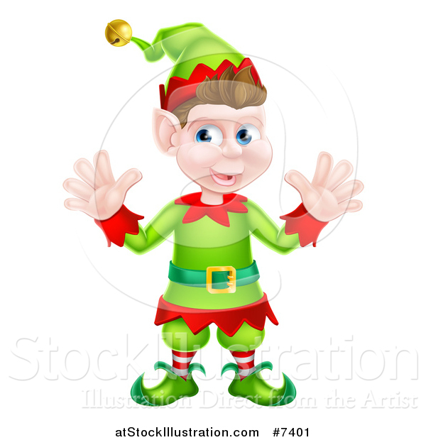 Vector Illustration of a Welcoming Young Brunette White Male Christmas Elf Waving with Both Hands
