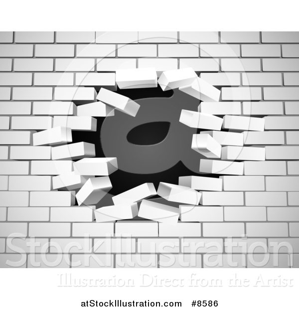 Vector Illustration of a White Brick Wall Breaking Apart, with a Hole in the Center, over Black
