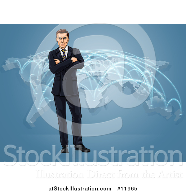 Vector Illustration of a White Business Man Standing with Folded Arms over a World Map with Connections