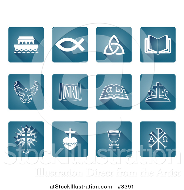 Vector Illustration of a White Christian Icons on Blue Square Tiles