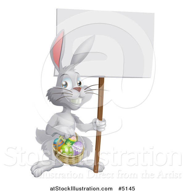 Vector Illustration of a White Easter Bunny Holding a Sign and Basket