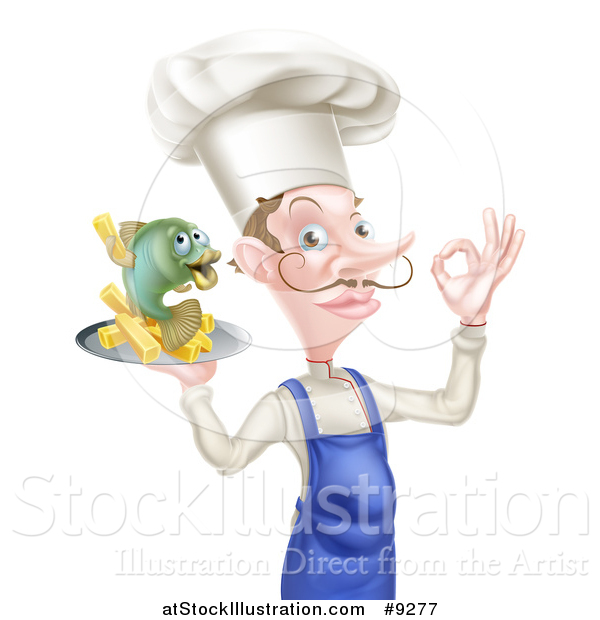 Vector Illustration of a White Male Chef with a Curling Mustache, Gesturing Ok and Holding a Fish and Chips on a Tray