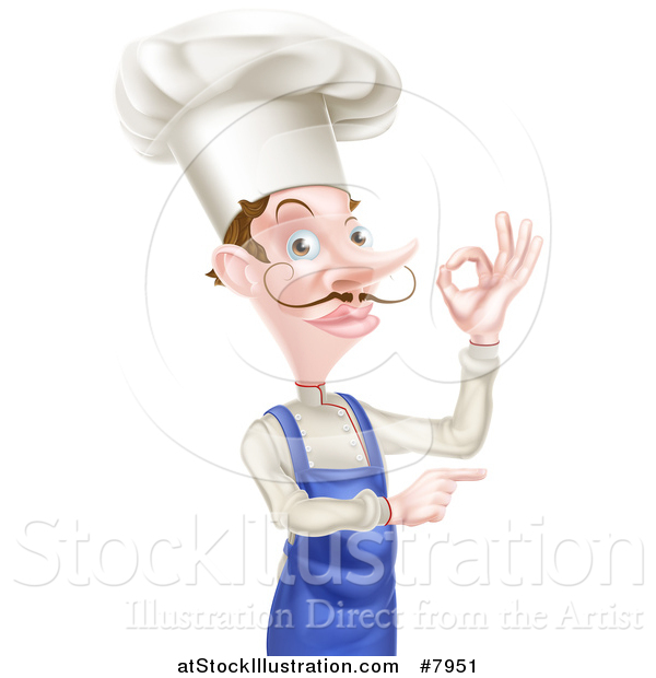 Vector Illustration of a White Male Chef with a Curling Mustache, Gesturing Ok and Pointing