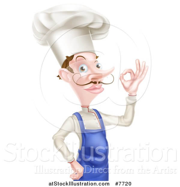 Vector Illustration of a White Male Chef with a Curling Mustache, Gesturing Ok