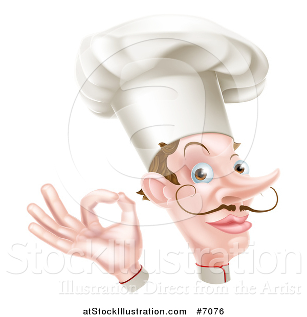 Vector Illustration of a White Male Chef with a Curling Mustache, Gesturing Okay